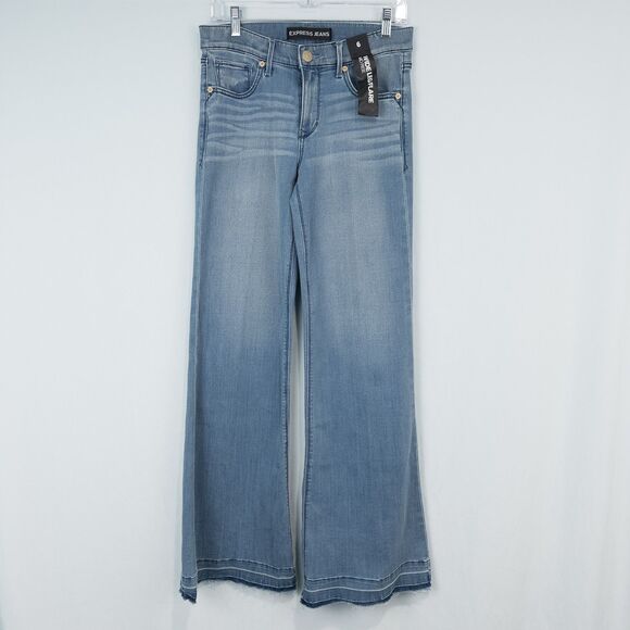 Express Mid Rise Wide Leg Flare Jeans Womens 6R Blue Raw Hem Boho Retro Hippie - Picture 1 of 16